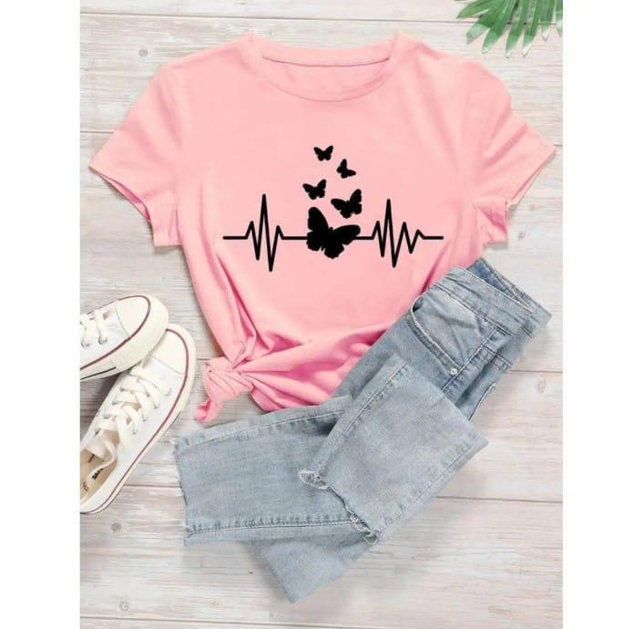 Pink Butterfly Heartbeat Printed Women T-Shirt Medium to XL
