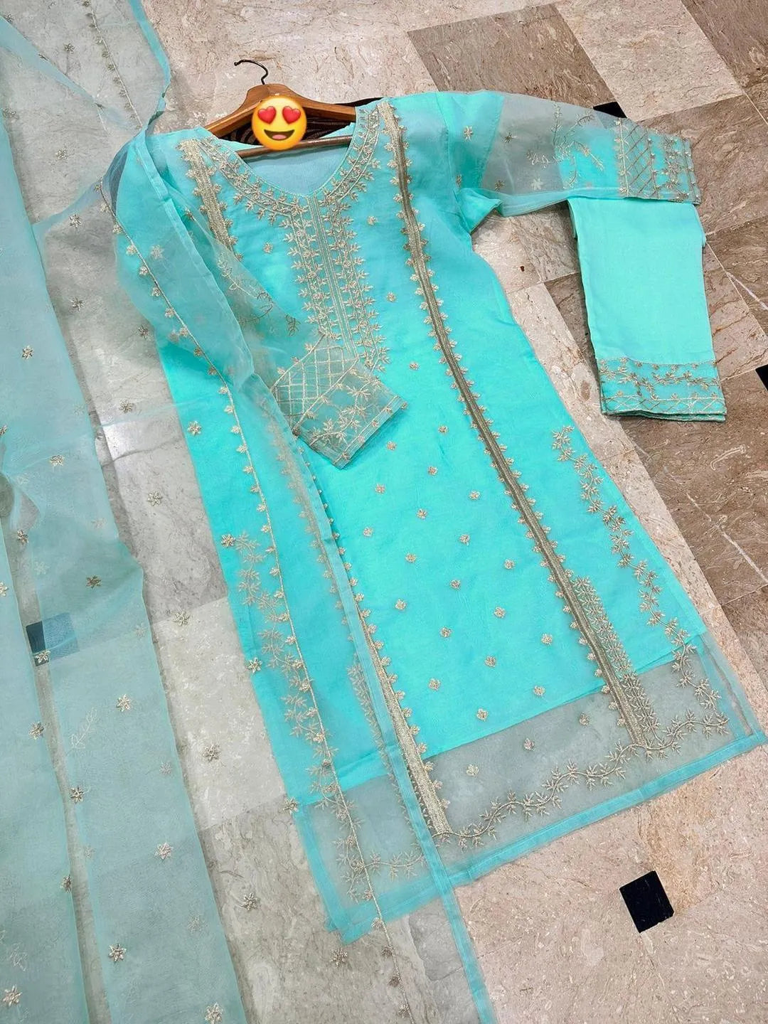 Light Blue Embroidered 3-Piece Organza Suit for Eid