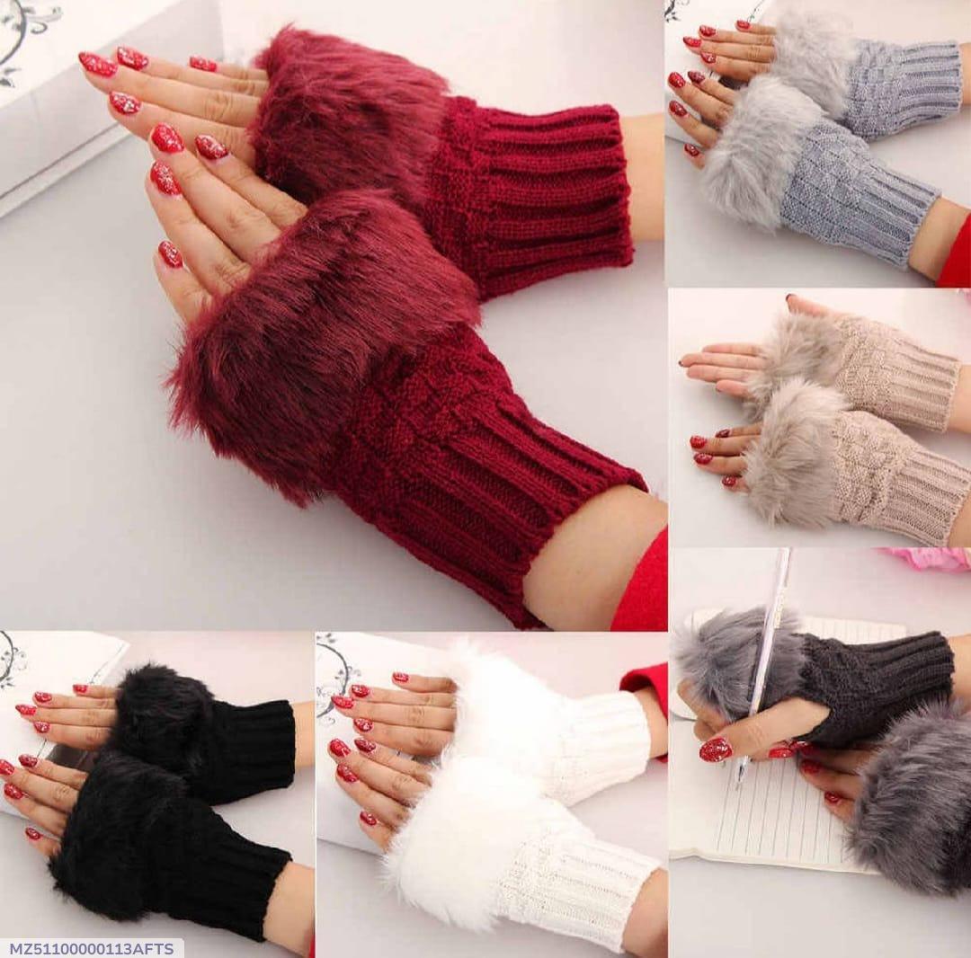 Women Wool Fur Lined Gloves Winter Warm Fashion