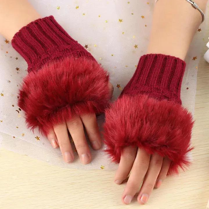 Women Wool Fur Lined Gloves Winter Warm Fashion