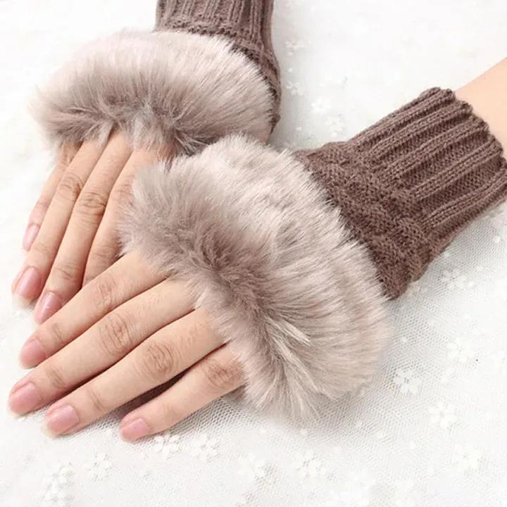 Women Wool Fur Lined Gloves Winter Warm Fashion