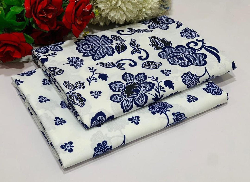 Women's Blue Floral Polo Cotton Suit 2 Pcs White Blue