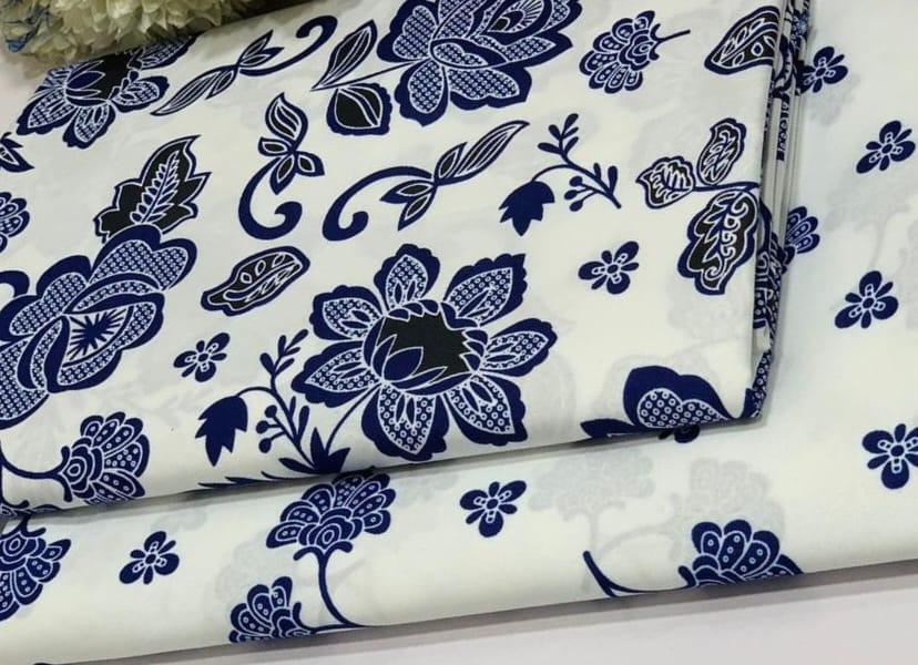 Women's Blue Floral Polo Cotton Suit 2 Pcs White Blue