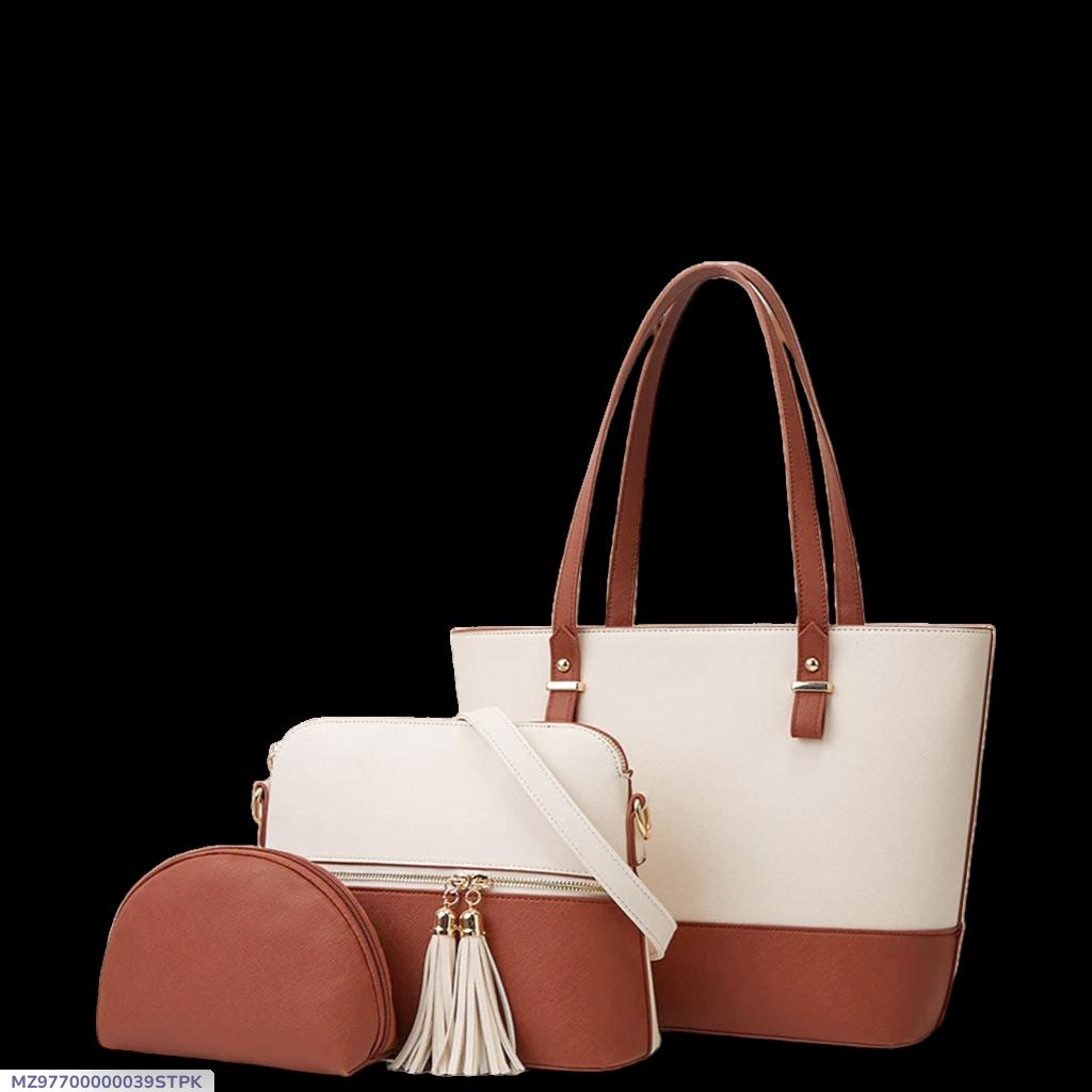 3-Piece PU Leather Tote Set Brown White Pakistan