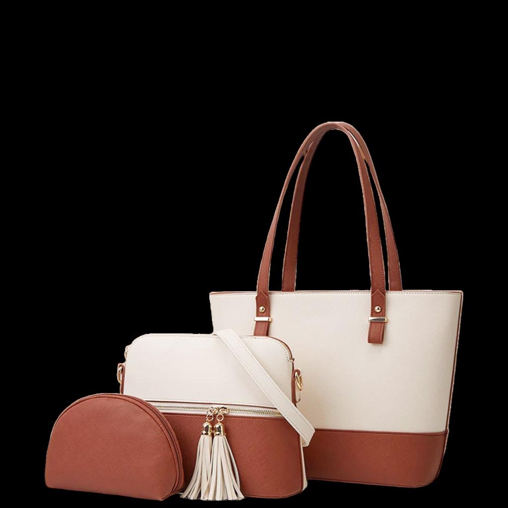 3-Piece PU Leather Tote Set Brown White Pakistan