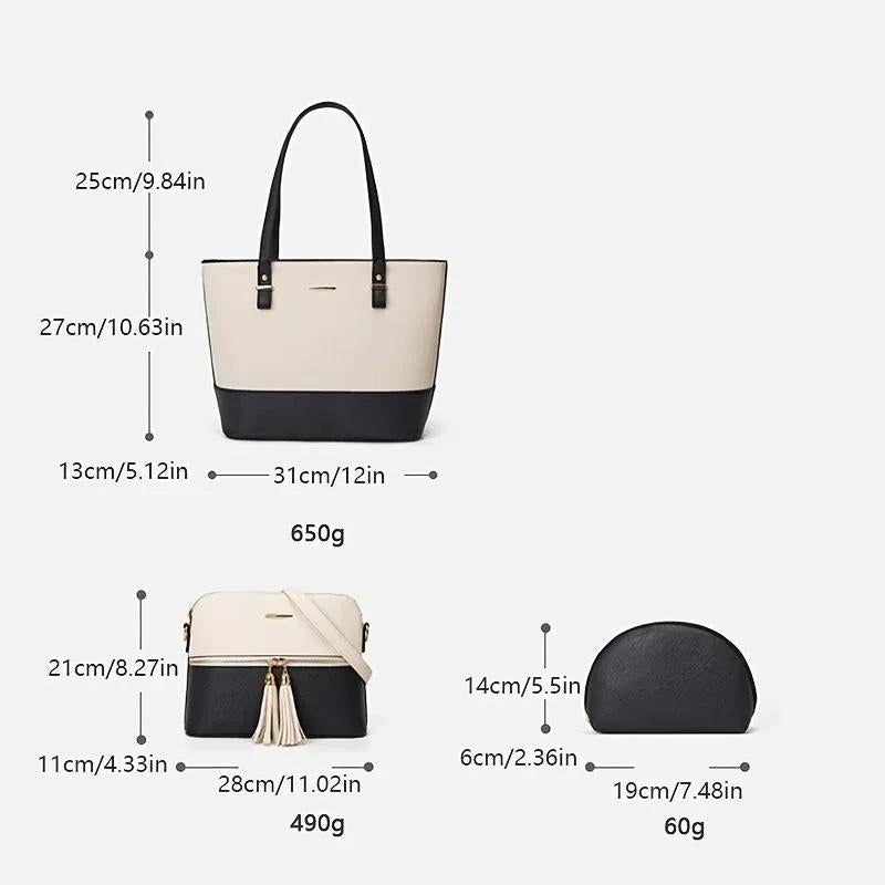 3-Piece PU Leather Tote Set Brown White Pakistan