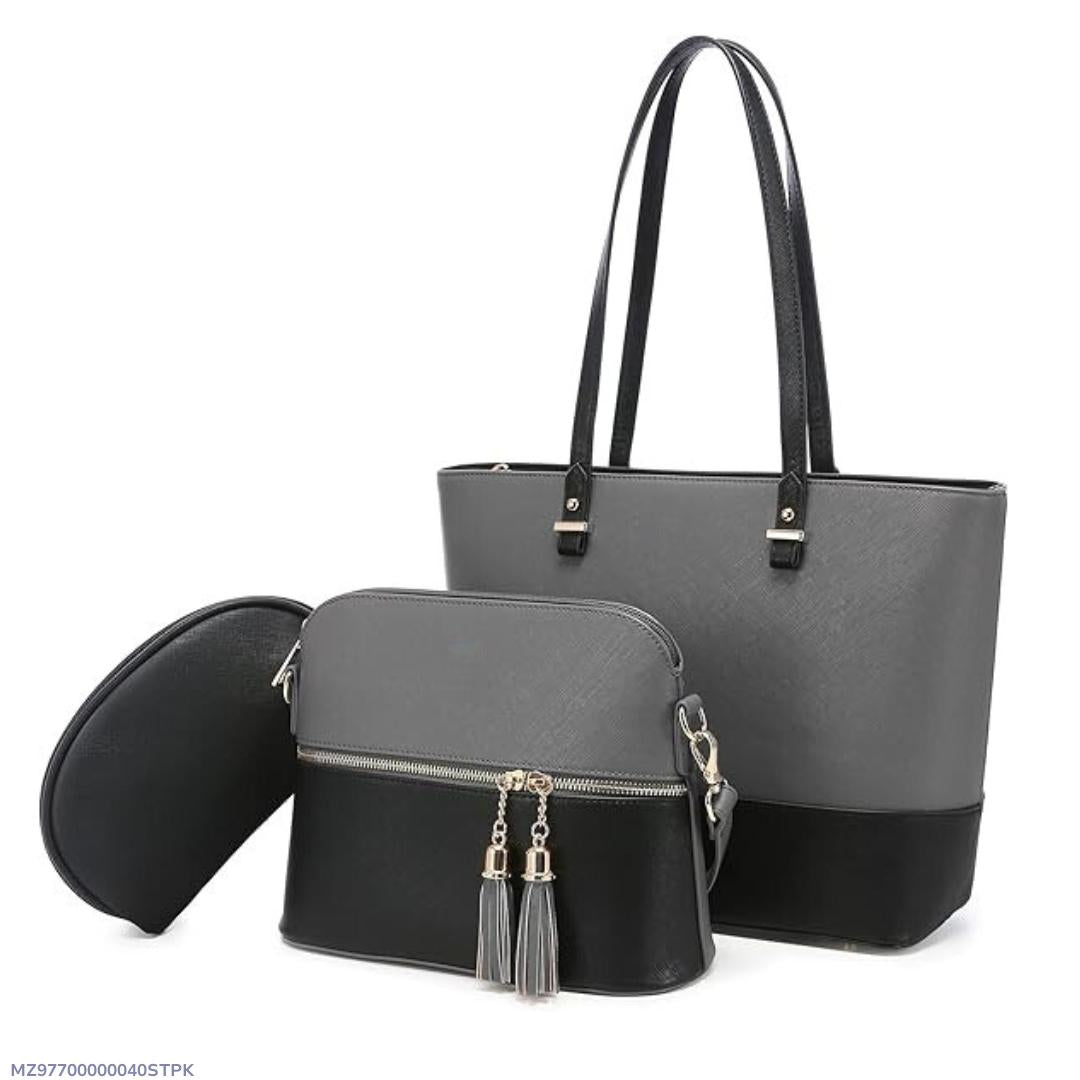 Grey Black 3-Piece PU Leather Handbag Set for Women