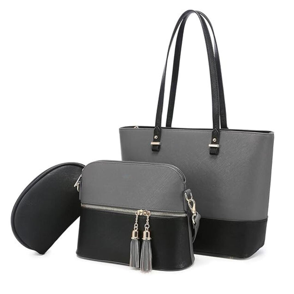 Grey Black 3-Piece PU Leather Handbag Set for Women