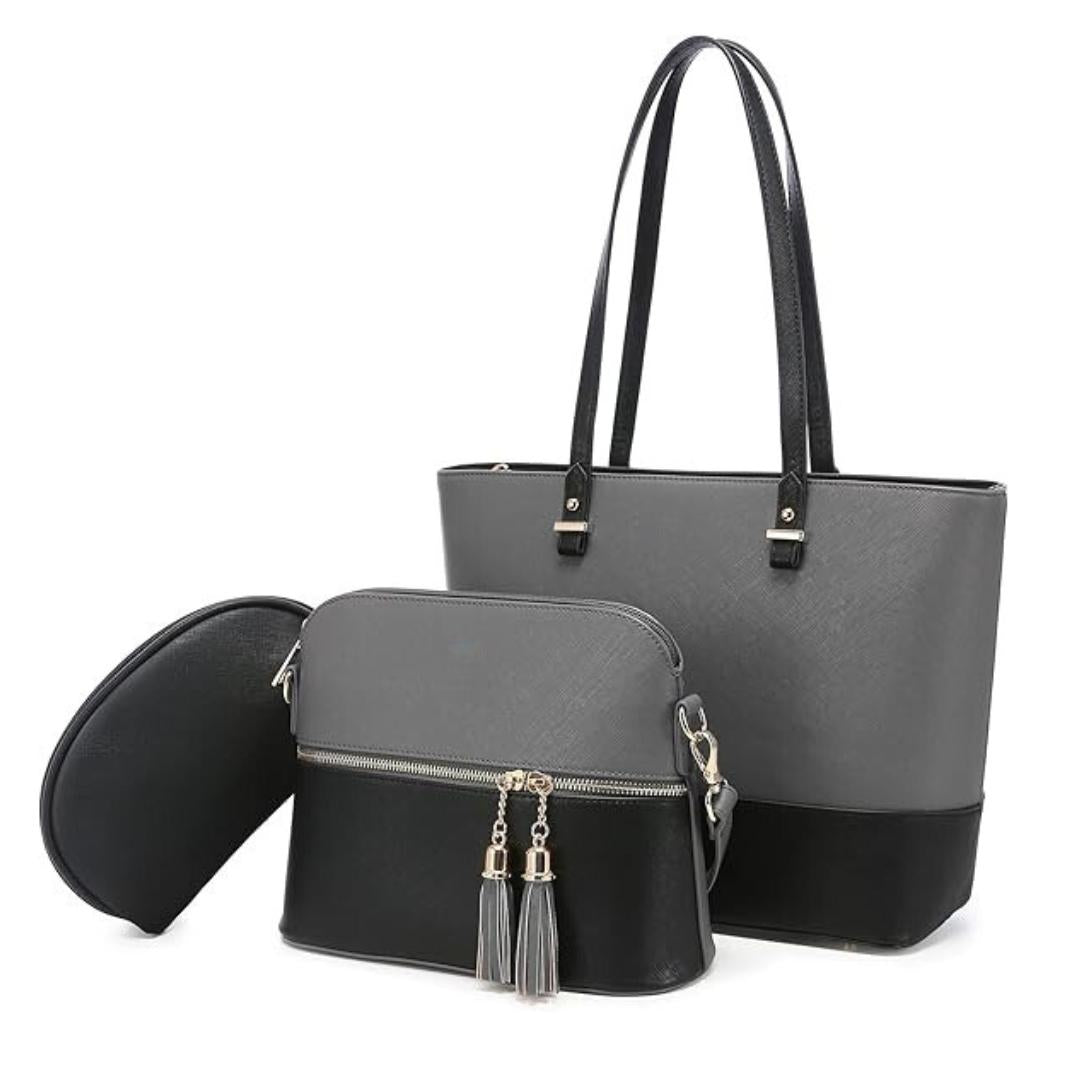Grey Black 3-Piece PU Leather Handbag Set for Women
